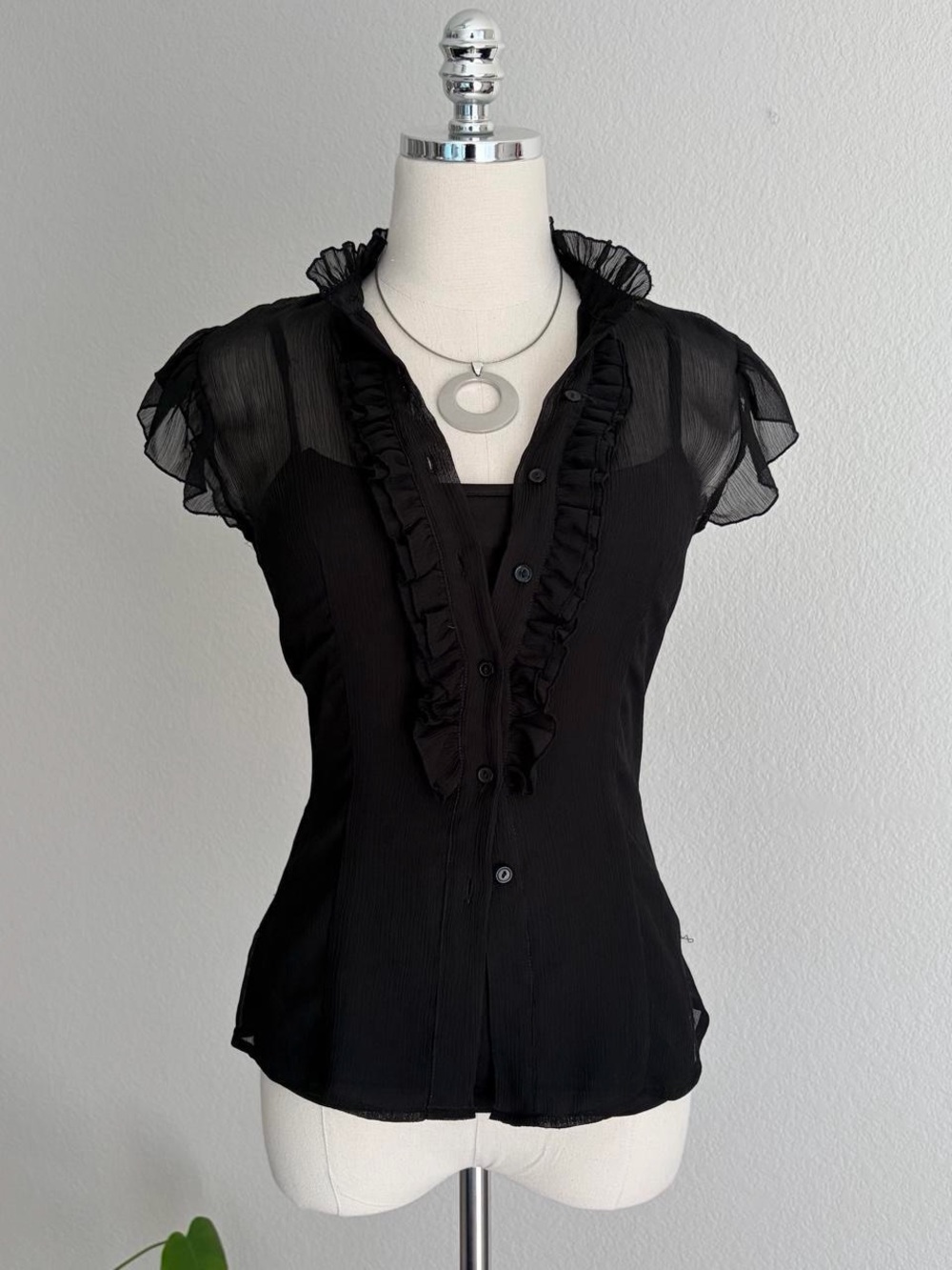 Black Ruffled Sheer Cap-Sleeve Women's Blouse